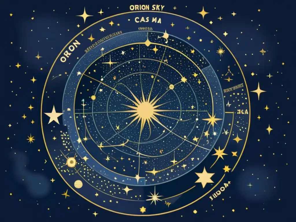 Ilustración vintage del cielo nocturno con constelaciones como Orión, Ursa Major y Casiopea