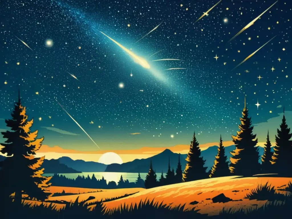 Una ilustración vintage del cielo nocturno con deslumbrantes Perseidas, iluminando la silueta de un paisaje sereno