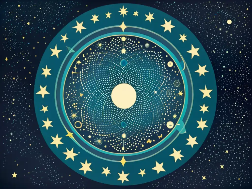 Una ilustración vintage del cielo nocturno con detalladas constelaciones, evocando asombro y exploración en la precesión equinoccial en constelaciones