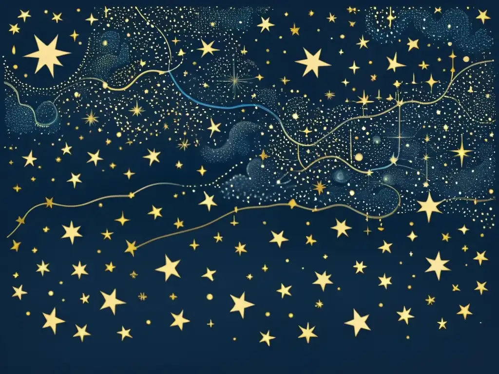 Una ilustración vintage del cielo nocturno con detalladas constelaciones y estrellas en un fondo azul oscuro