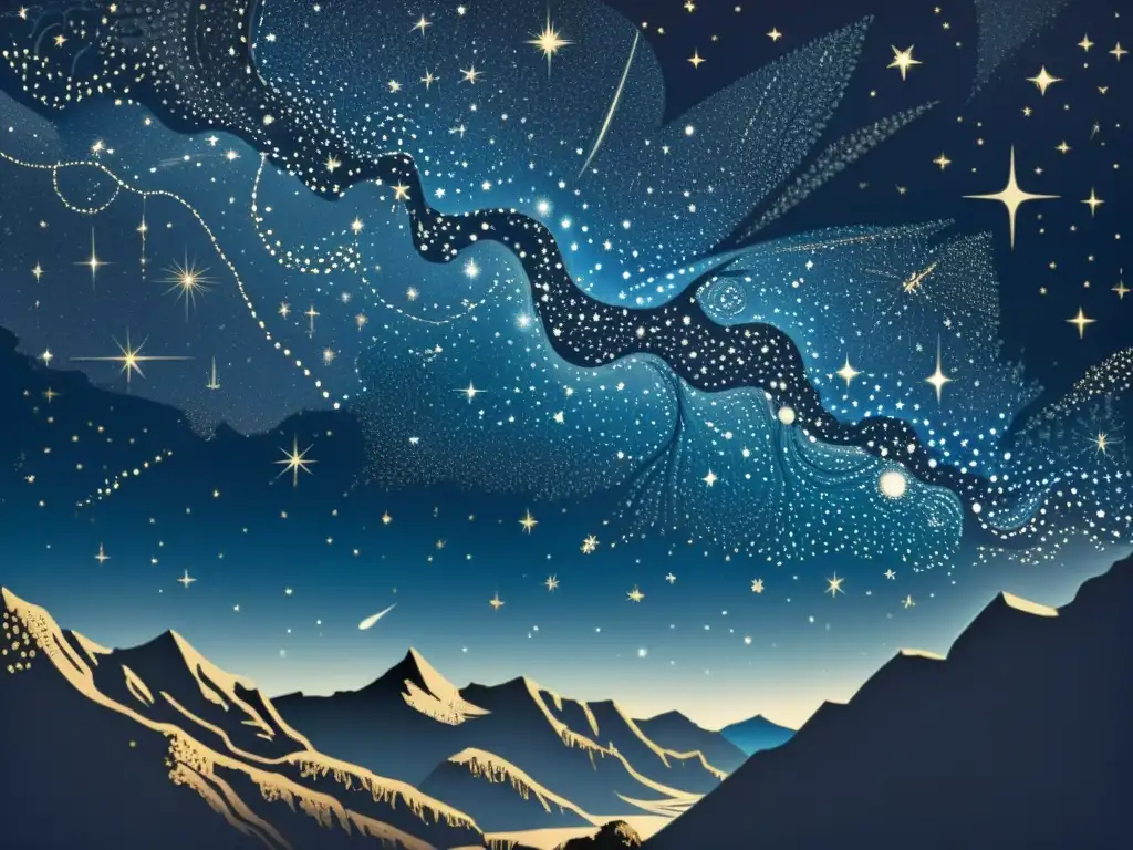 Una ilustración vintage del cielo nocturno con detallados dibujos de constelaciones, en un fondo azul profundo y estrellas brillantes