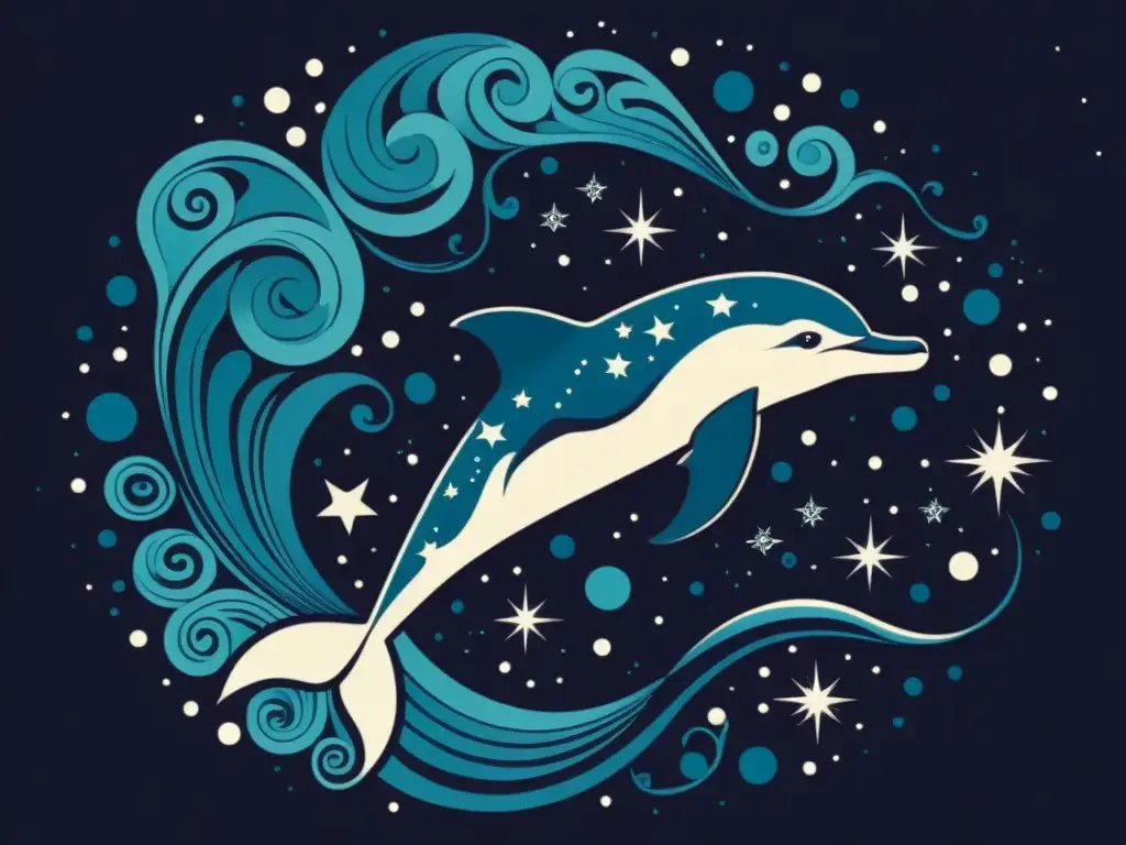 Una ilustración vintage de la constelación Delphinus en el cielo nocturno, con un elegante y delicado patrón de estrellas que forma la figura de un delfín