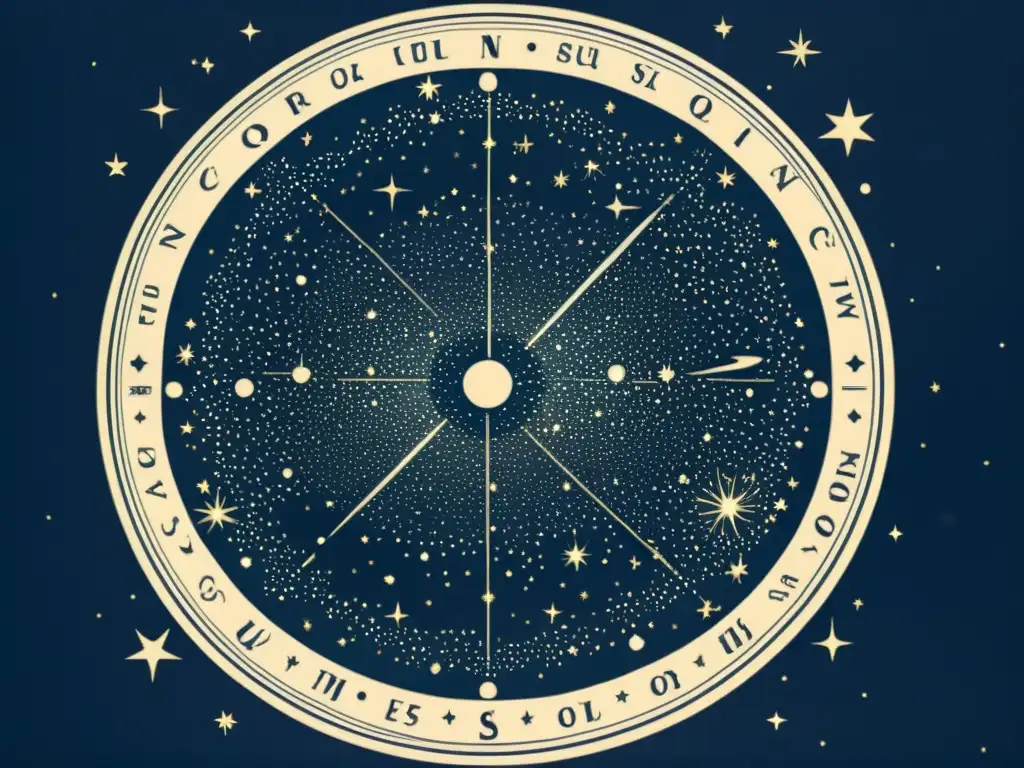 Una ilustración vintage del cielo nocturno en el equinoccio, con detalladas representaciones de constelaciones como Orión, Ursa Major y Casiopea