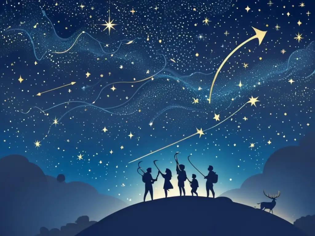 Una ilustración vintage del cielo nocturno, donde las estrellas forman cazadores y presas en movimiento, evocando la mitología de las estrellas cazadoras