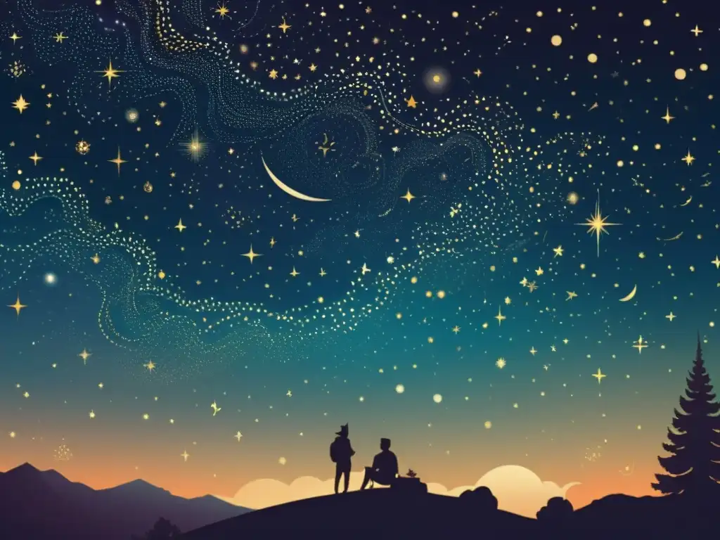 Ilustración vintage del cielo nocturno con estrellas principales, constelaciones y figuras mitológicas entrelazadas