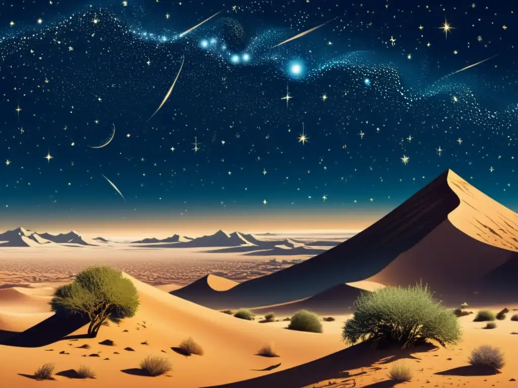 Una ilustración vintage del cielo nocturno sobre un extenso desierto, con constelaciones que forman figuras míticas de la mitología estelar Kushita