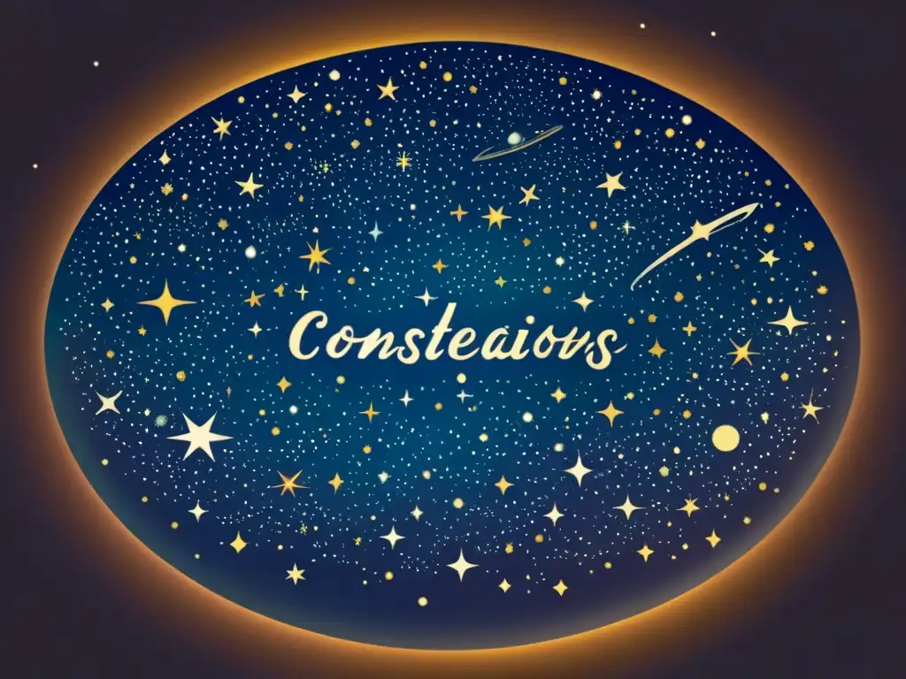 Una ilustración vintage del cielo nocturno, con una guía detallada de estrellas y constelaciones en colores ricos y profundos