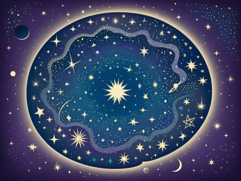 El cielo nocturno ilustrado con la danza de las constelaciones en estilo vintage, evocando la magia celestial