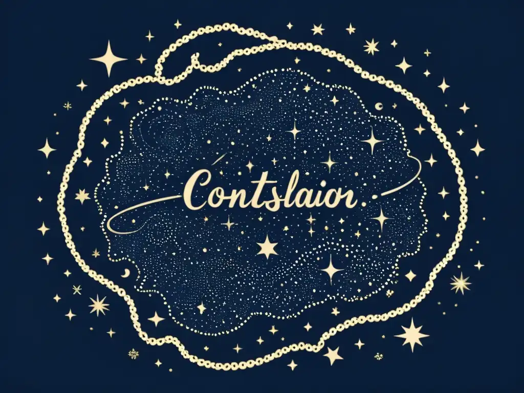 Una ilustración vintage del cielo nocturno con intrincadas constelaciones y límites entre constelaciones vecinas en elegante script