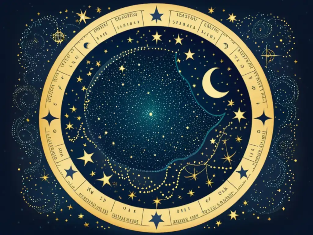 Una ilustración vintage del cielo nocturno con intrincadas constelaciones y una luna creciente, sobre un antiguo mapa con marcas celestiales