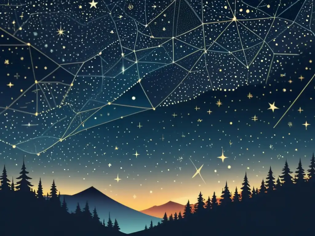 Una ilustración vintage del cielo nocturno con intrincadas constelaciones, evocando la maravilla de identificar estrellas en el cielo