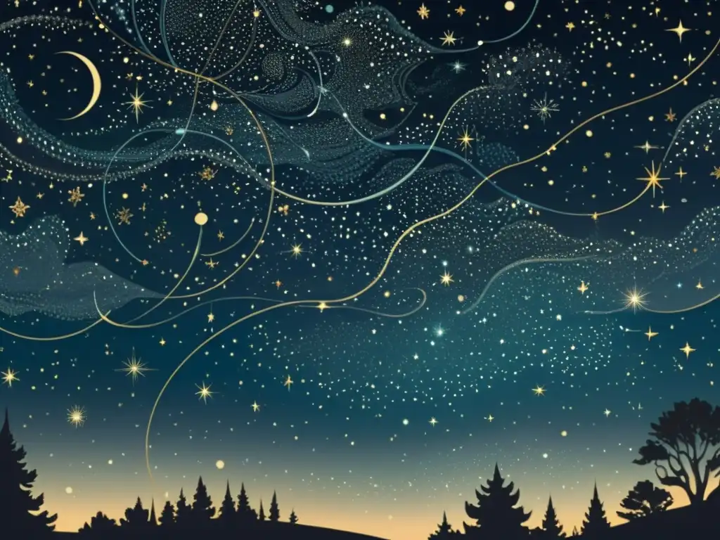 Una ilustración vintage del cielo nocturno con intrincadas constelaciones, estaciones y danza de estrellas, en contraste deslumbrante