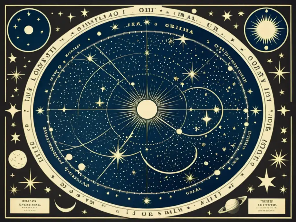 Una ilustración vintage del cielo nocturno con intrincadas representaciones de constelaciones como Orión, la Osa Mayor y Cassiopeia