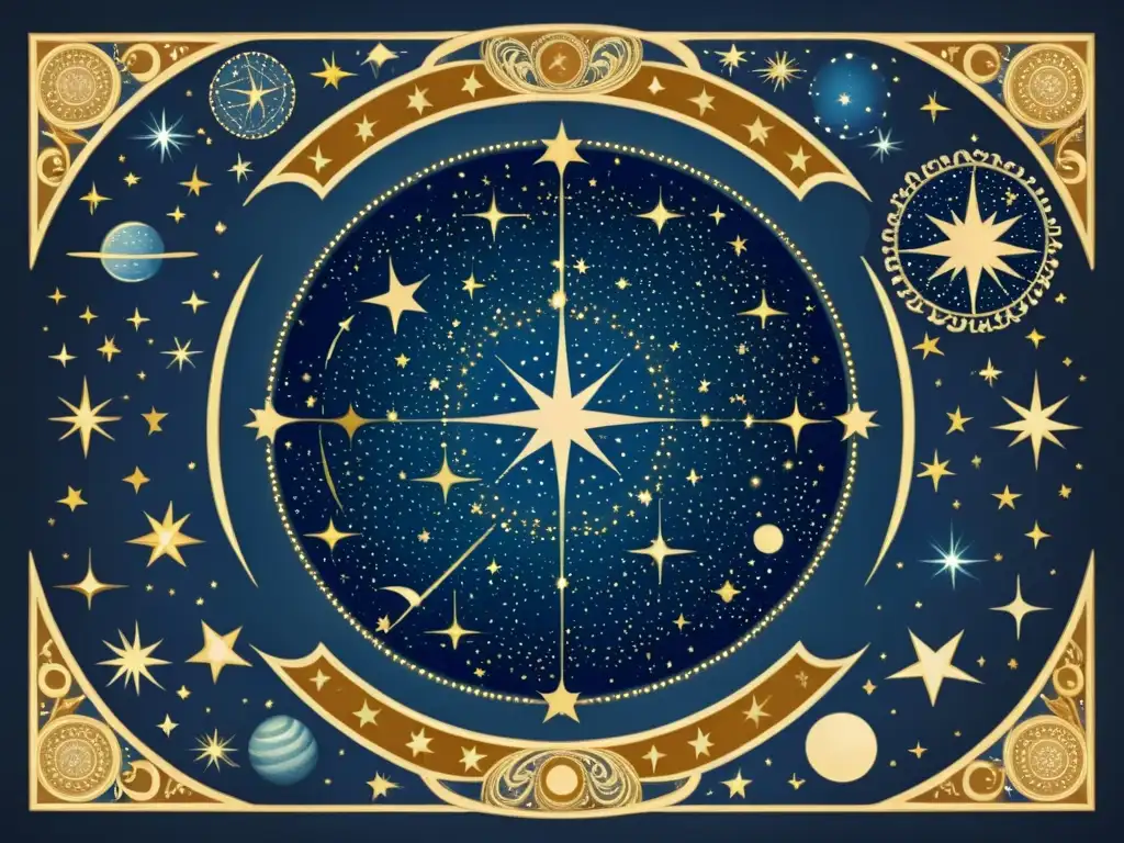 Una ilustración vintage del cielo nocturno lleno de antiguas constelaciones, destacando figuras mitológicas y objetos celestiales