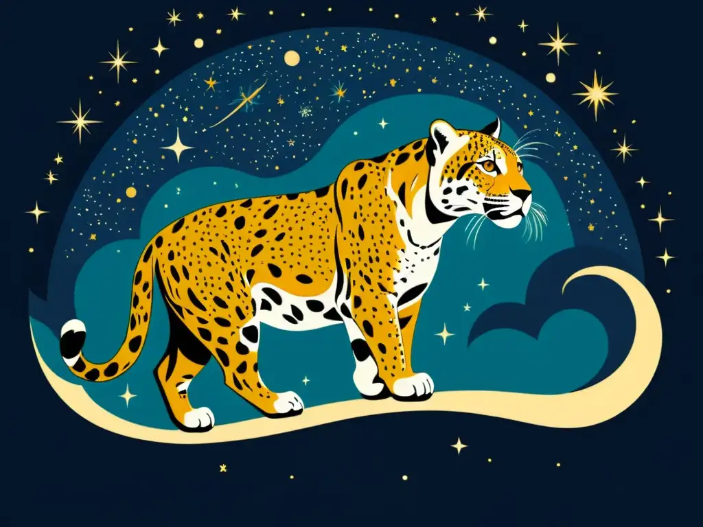 Una ilustración vintage del cielo nocturno lleno de constelaciones, con un majestuoso jaguar formado por las estrellas en el centro