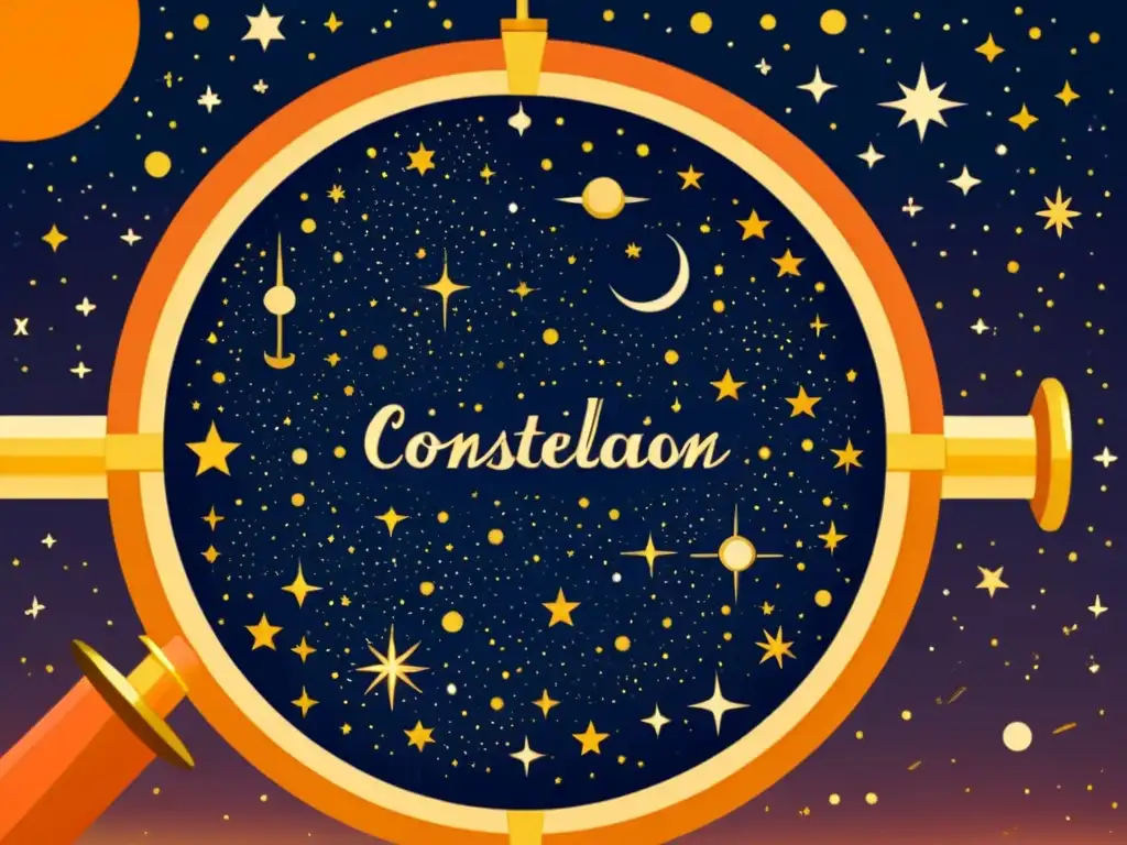 Una ilustración vintage del cielo nocturno lleno de constelaciones, con una paleta cálida y nostálgica