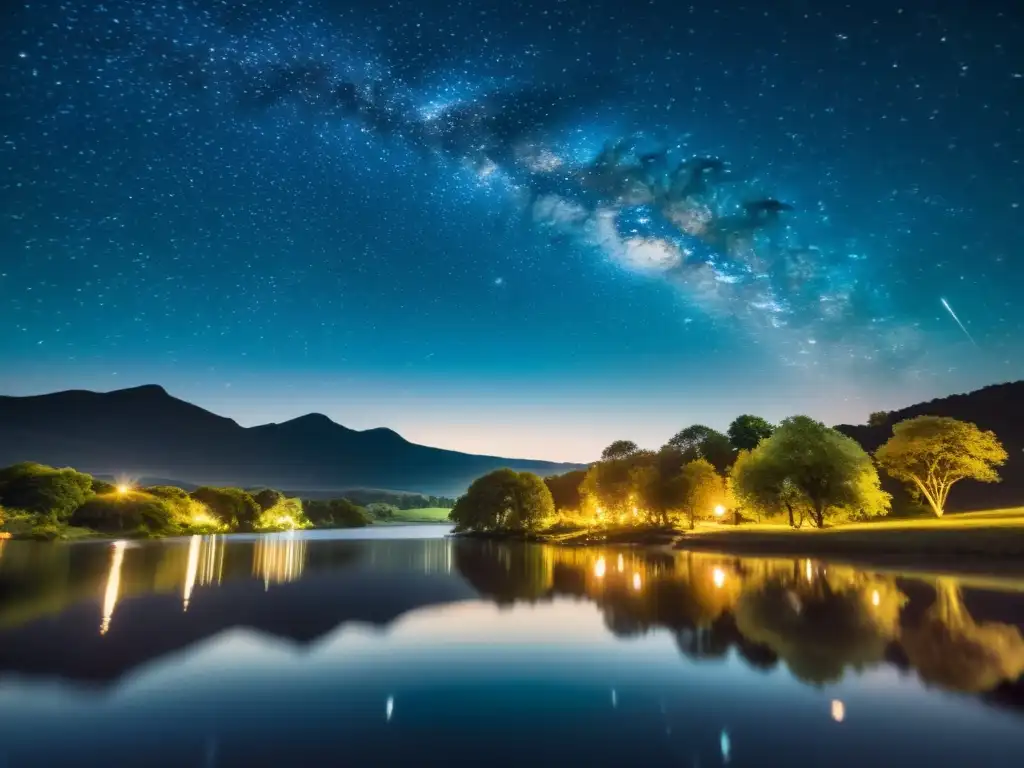 Un cielo nocturno lleno de estrellas y constelaciones, reflejado en un tranquilo cuerpo de agua