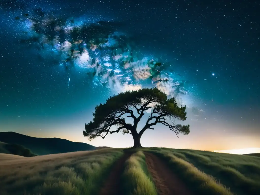 Una fotografía vintage de un cielo nocturno lleno de estrellas y la Vía Láctea, sobre un paisaje de colinas y un solitario árbol