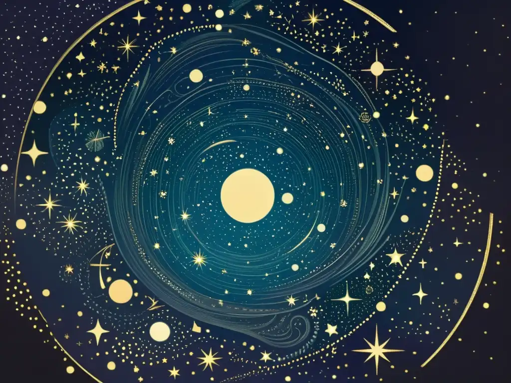 Ilustración vintage del cielo nocturno, con maravillas celestiales del Catálogo Caldwell, estrellas, constelaciones y figuras mitológicas detalladas