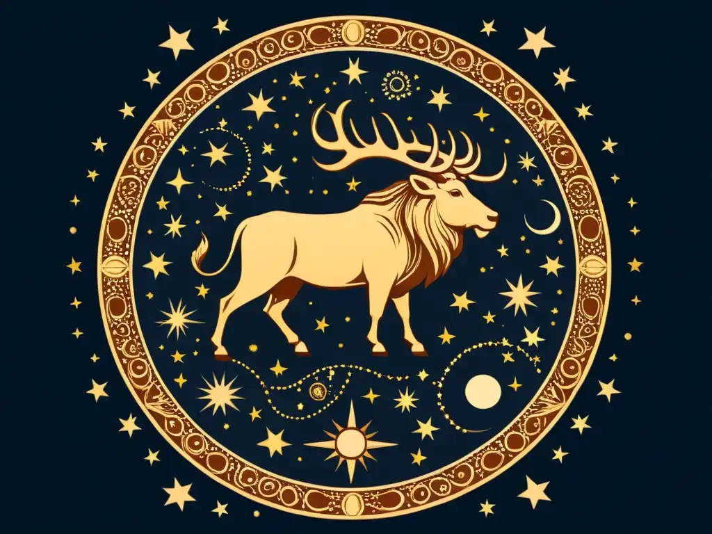 Una ilustración vintage del cielo nocturno con los orígenes del Zodiaco y constelaciones como Leo, Virgo, Aries y Tauro, en tonos cálidos y terrosos