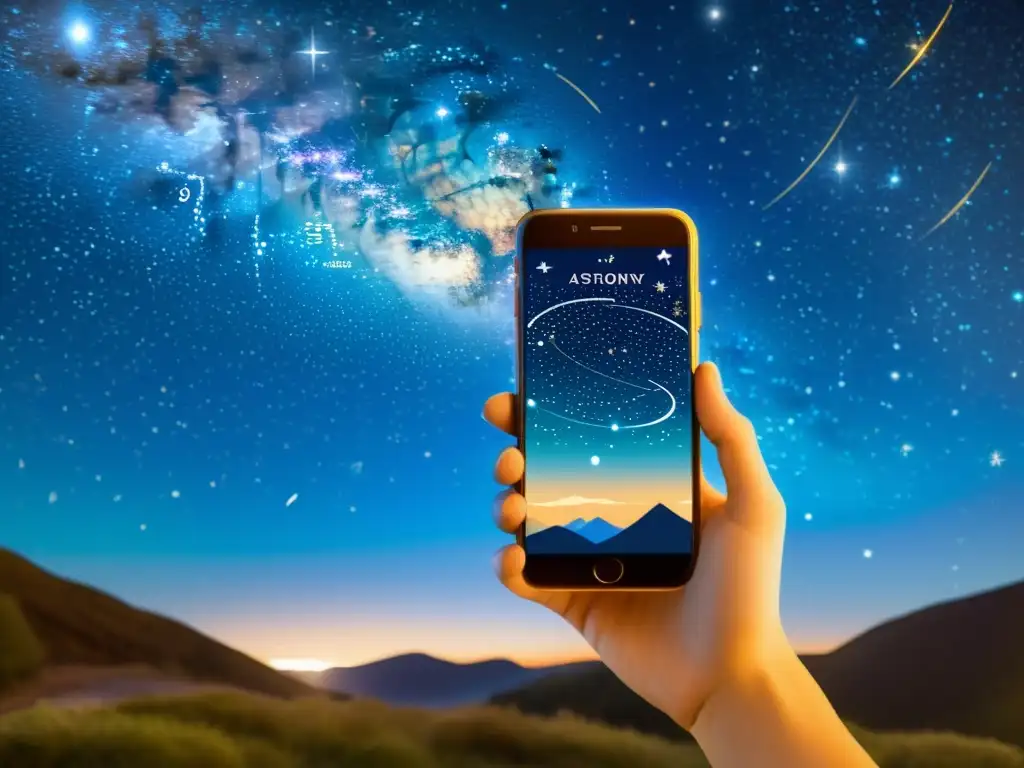 Una ilustración vintage del cielo nocturno repleto de estrellas y constelaciones, con una app de astronomía en un móvil