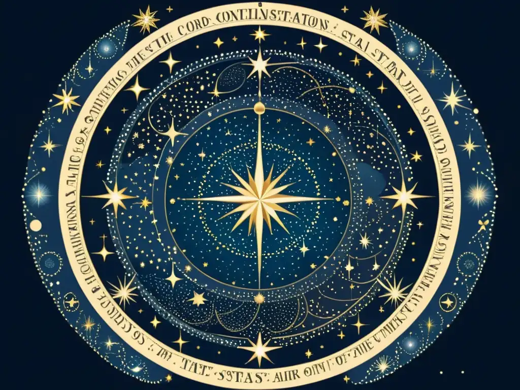 Una ilustración vintage del cielo nocturno con el secreto movimiento de las constelaciones y estrellas, evocando asombro y misterio