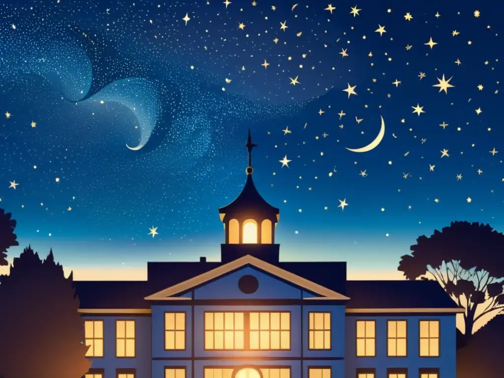 Ilustración vintage de un cielo nocturno sereno, con una escuela iluminada