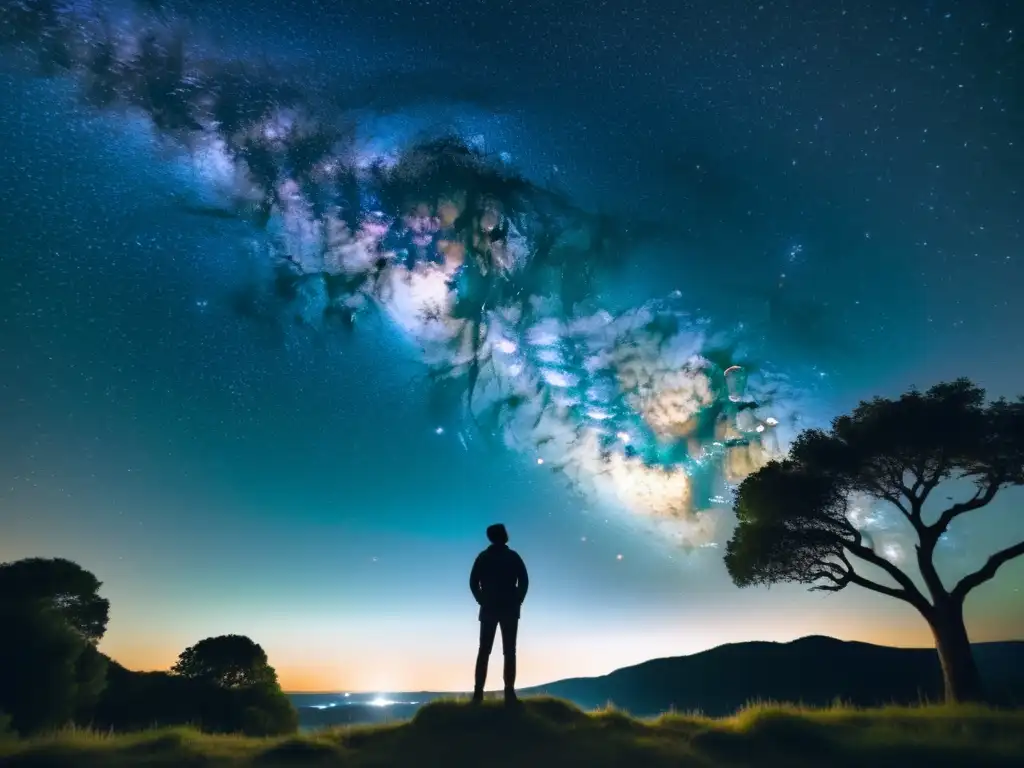 Una fotografía vintage de un cielo nocturno sereno, lleno de estrellas, con la Vía Láctea y un observador solitario, evocando asombro y tranquilidad