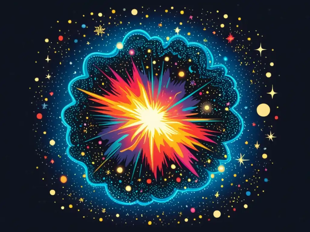 Una ilustración vintage del cielo nocturno con una supernova explotando en un estallido de colores