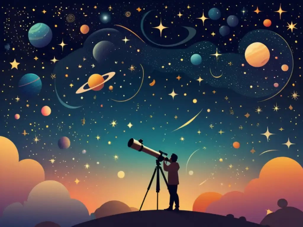 Una ilustración vintage del cielo nocturno con telescopio y objetos celestes