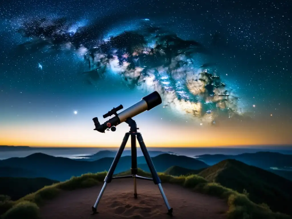 Explora el cielo nocturno con un telescopio vintage en la cima de una montaña, rodeado de instrumentos astronómicos antiguos