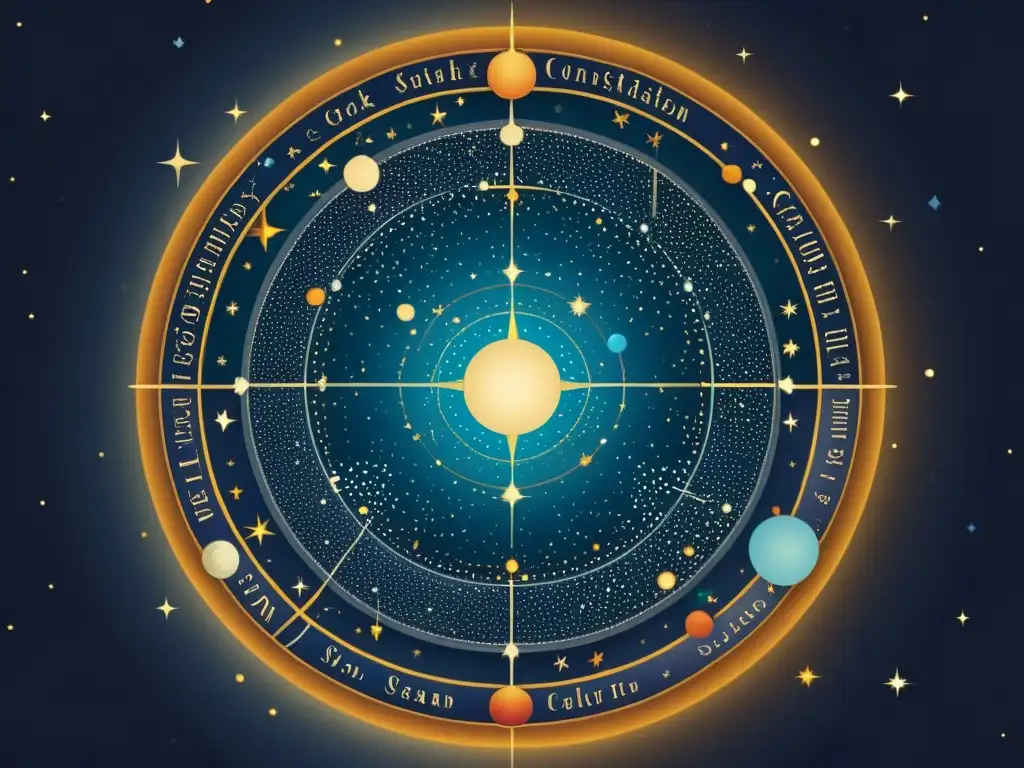 Una ilustración vintage del cielo nocturno, con variaciones estacionales de constelaciones y estrellas, evocando nostalgia y maravilla