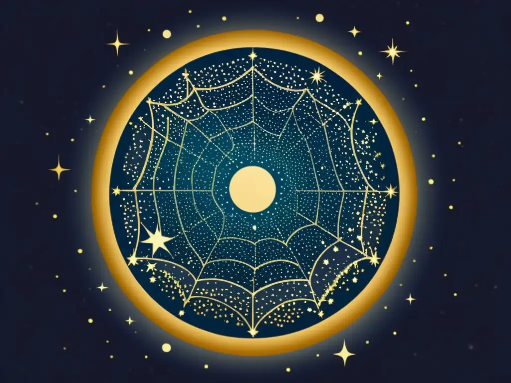 Un cielo nocturno vintage con constelaciones y una majestuosa telaraña entre las estrellas, evocando la mitología arácnida en el cielo