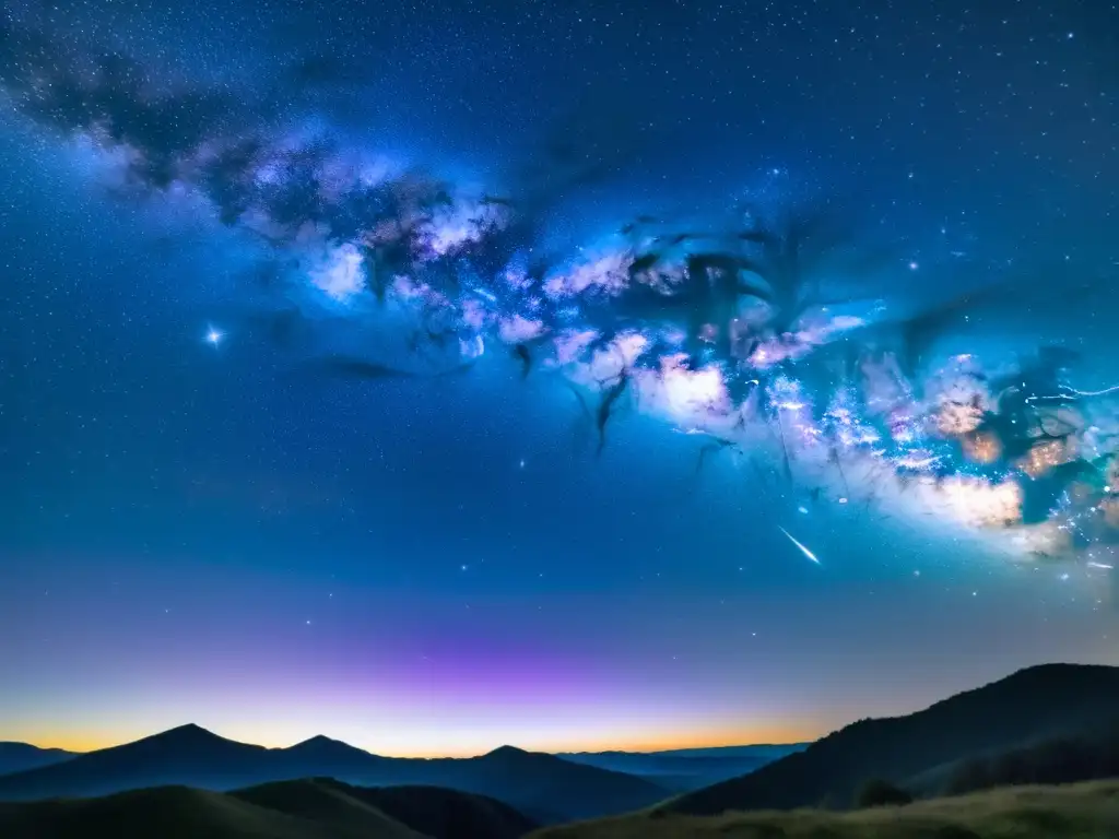 Una fotografía de cielo profundo con la Vía Láctea en tonos azules y morados, revelando constelaciones, nebulosas y galaxias lejanas