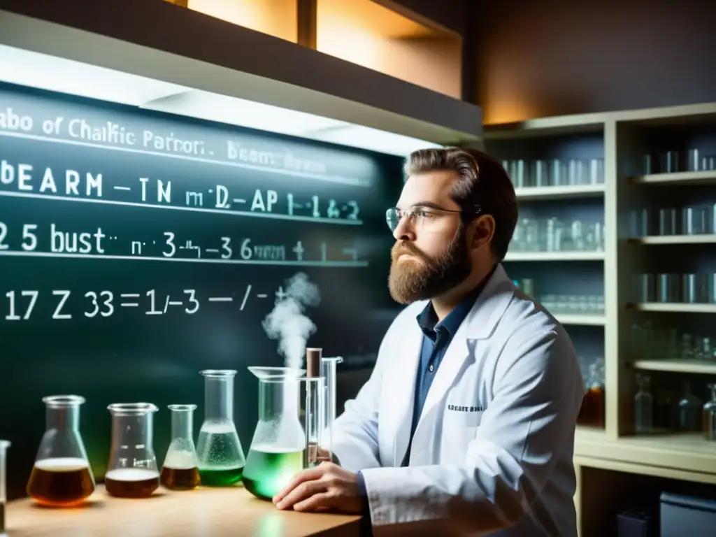 Un científico barbudo examina una ecuación en un laboratorio vintage