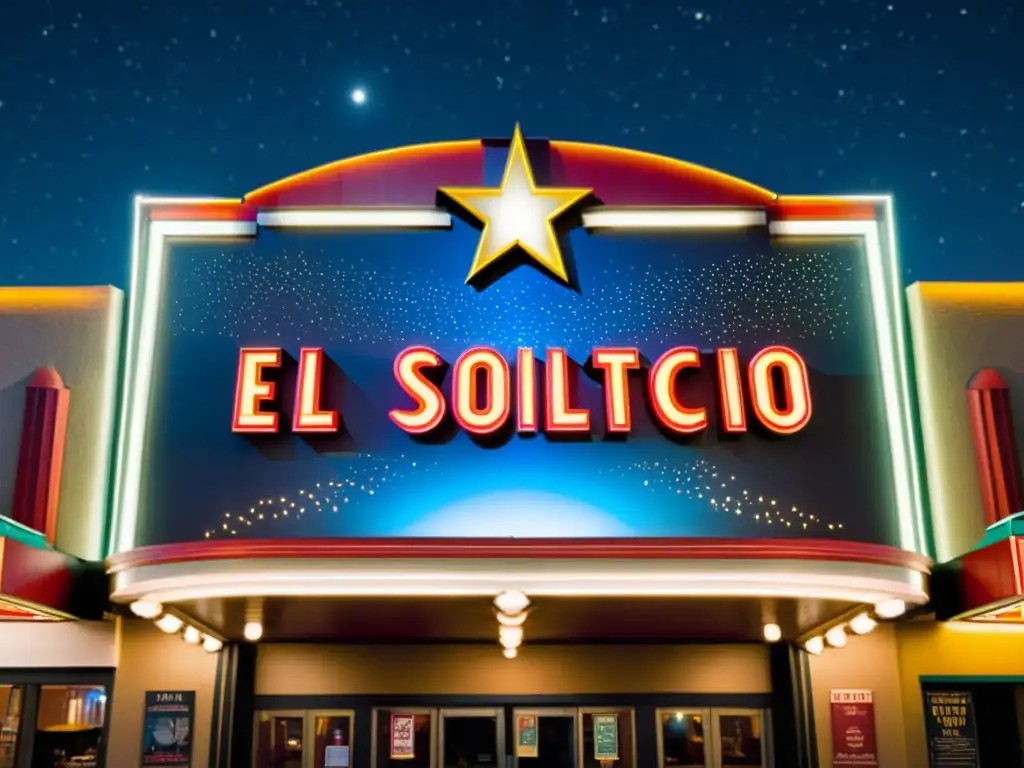 Marquesina de cine vintage iluminada con 'El Solsticio' en luces brillantes, rodeada de posters clásicos de películas celestiales