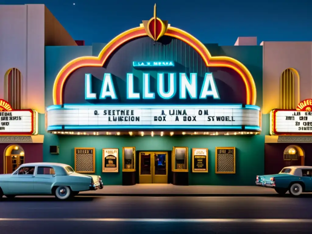 Marquesina de cine vintage con el título 'La Luna Nueva' en letras art déco, gente haciendo cola afuera, iluminada por la luz de la luna