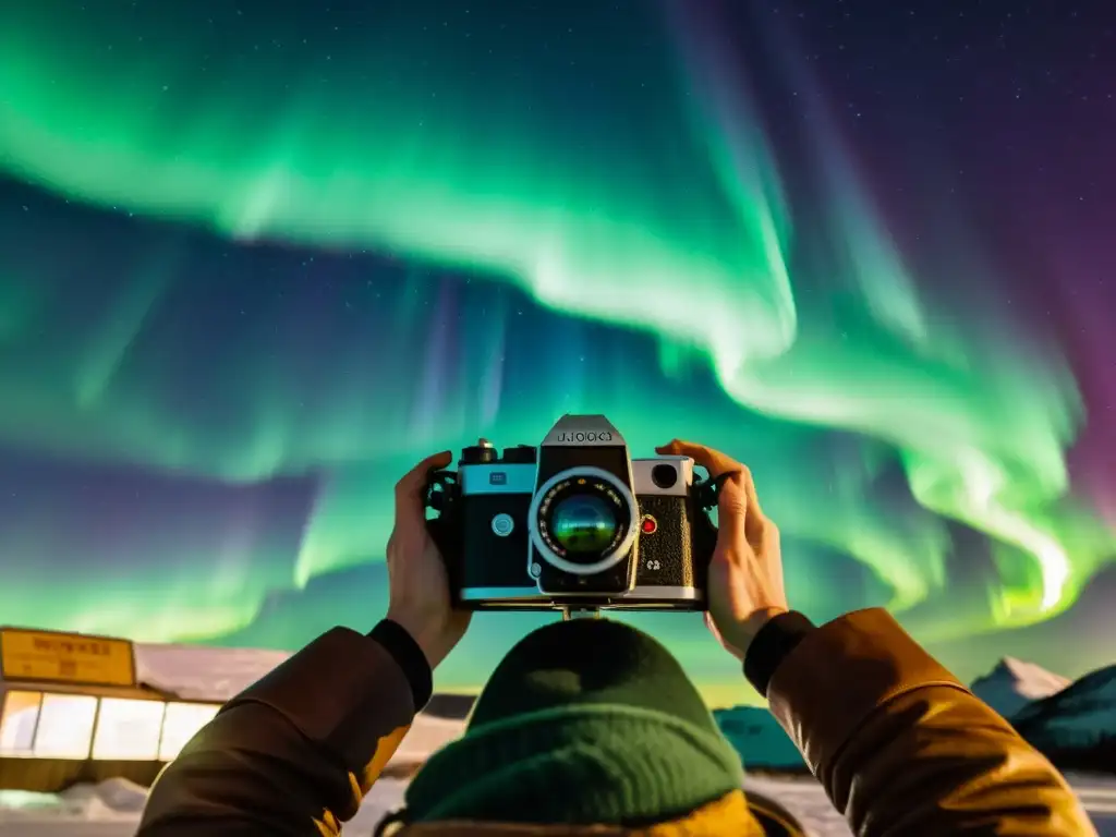 Un cineasta ajusta su cámara vintage para capturar la belleza de las auroras boreales en el cielo nocturno