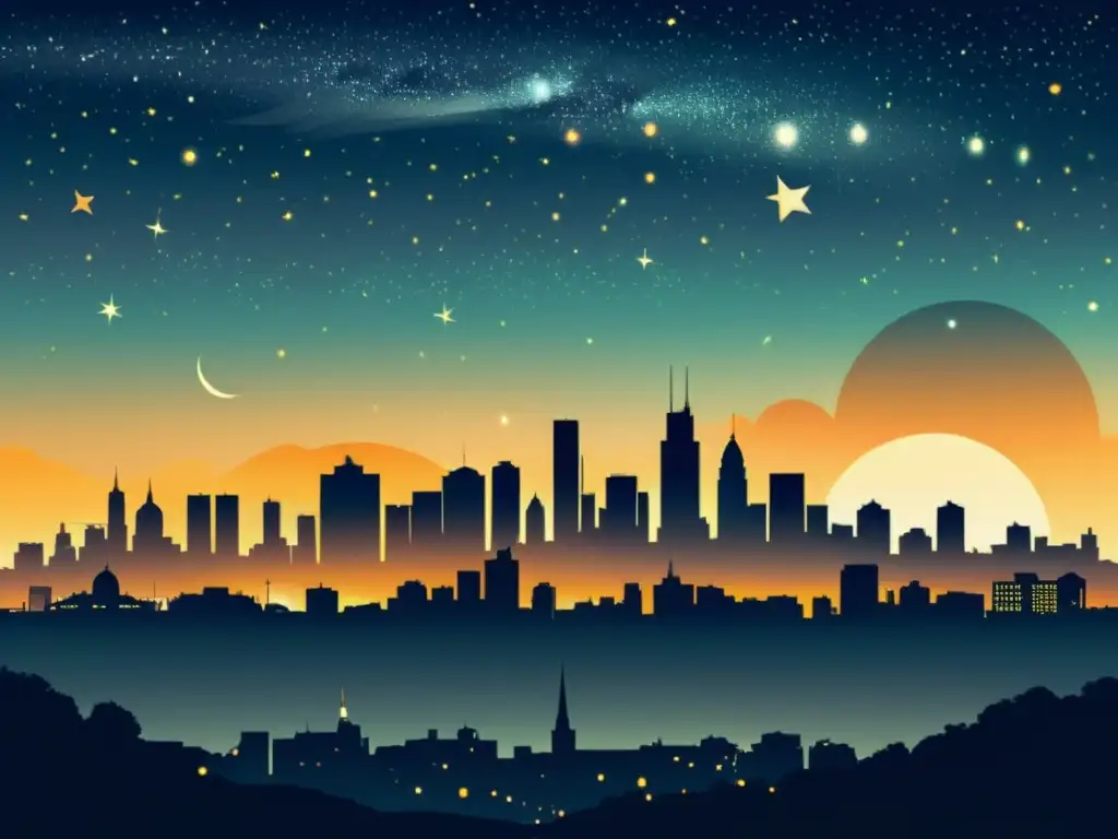 Una ilustración vintage de la ciudad con contaminación lumínica, que dificulta ver las estrellas