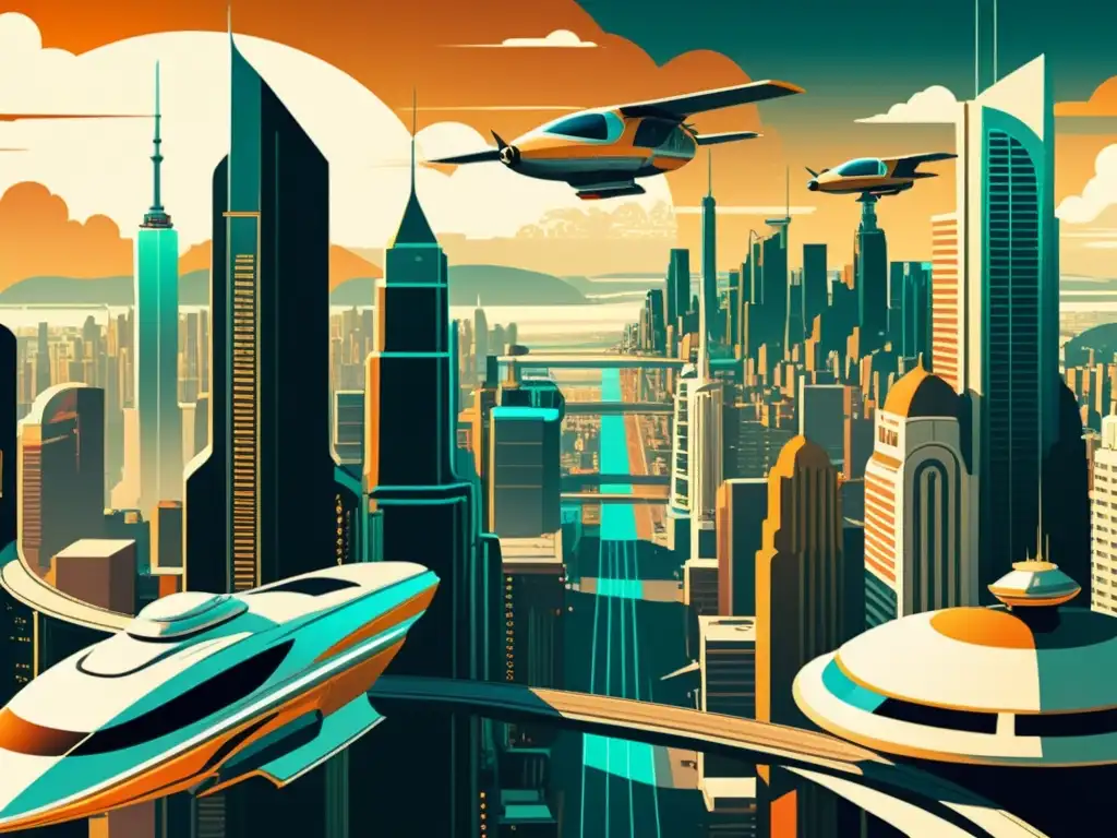 Una ilustración vintage de una ciudad futurista con rascacielos, autos voladores y tecnología avanzada