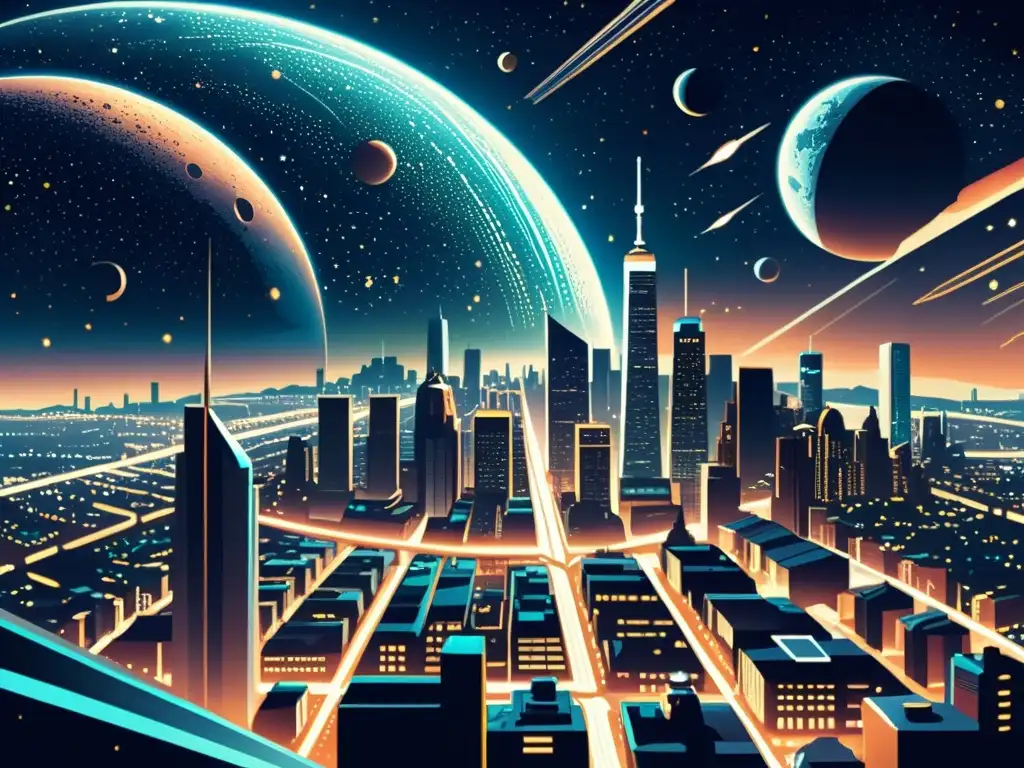 Una ilustración vintage de una ciudad futurista, con rascacielos que alcanzan un cielo estrellado