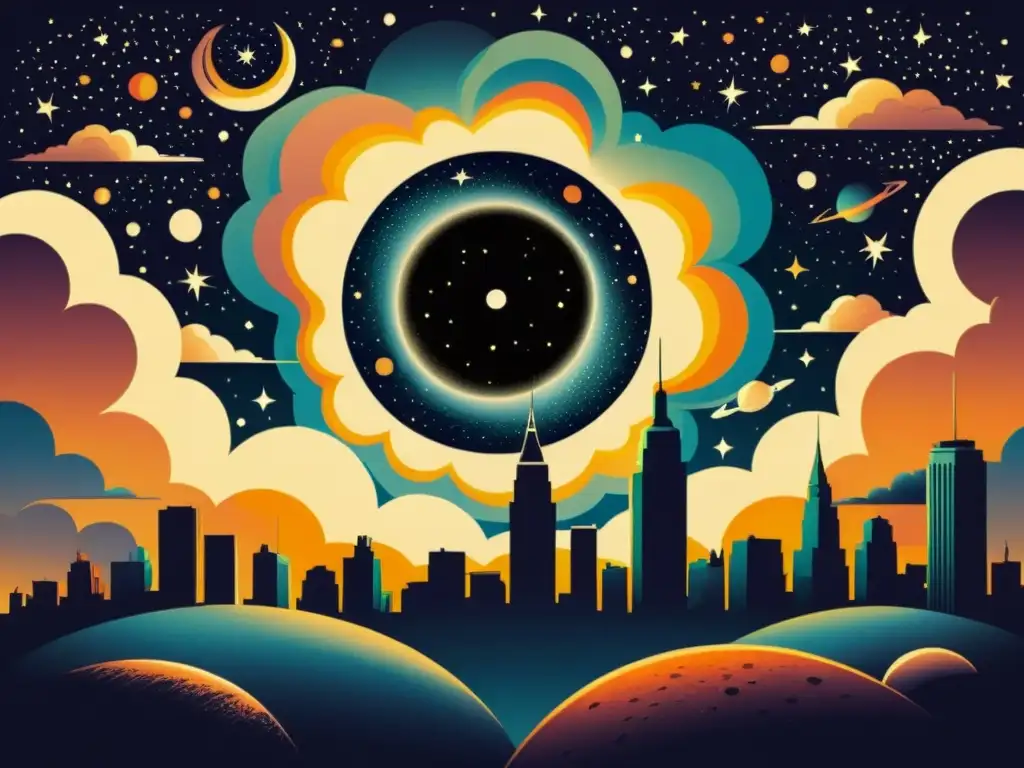 Misterioso agujero negro sobre la ciudad: ilustración vintage Una ilustración vintage de una ciudad con un misterioso agujero negro en el cielo, rodeado de nubes cósmicas y estrellas