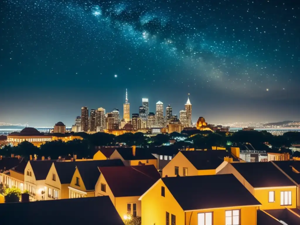 Fotografía de ciudad de noche con luces brillantes y un cielo estrellado, evocando nostalgia y maravilla