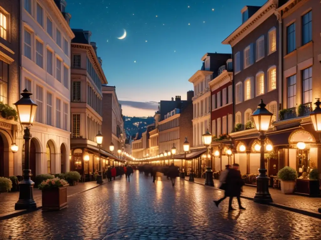 Una ciudad nocturna llena de encanto histórico, con farolas vintage iluminando calles empedradas