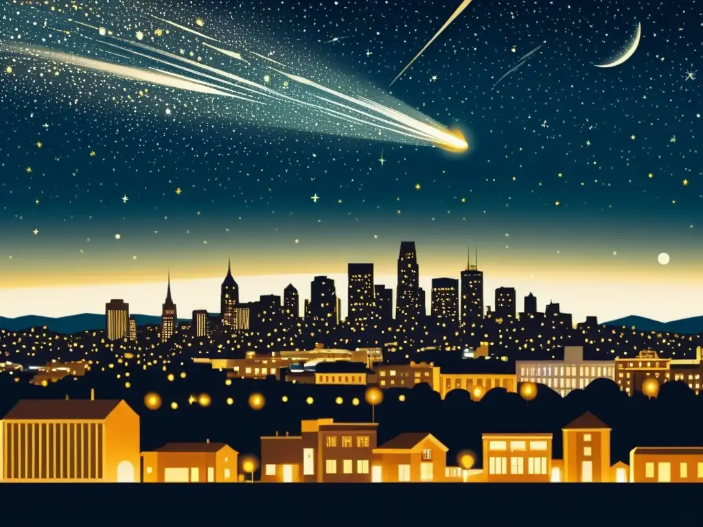 Una ilustración vintage de una ciudad nocturna con observación de meteoros en ciudades, destacando la belleza urbana y natural