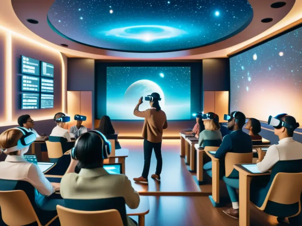 Clase vintage con estudiantes usando auriculares de realidad virtual en lección astronómica