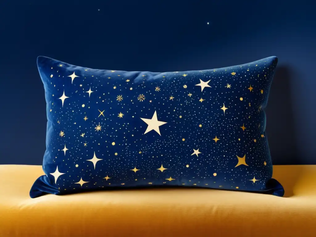 Cojines decorativos con diseños astronómicos: Detallado cojín vintage con ilustración de la noche estrellada en tonos índigo y dorados sobre terciopelo oscuro