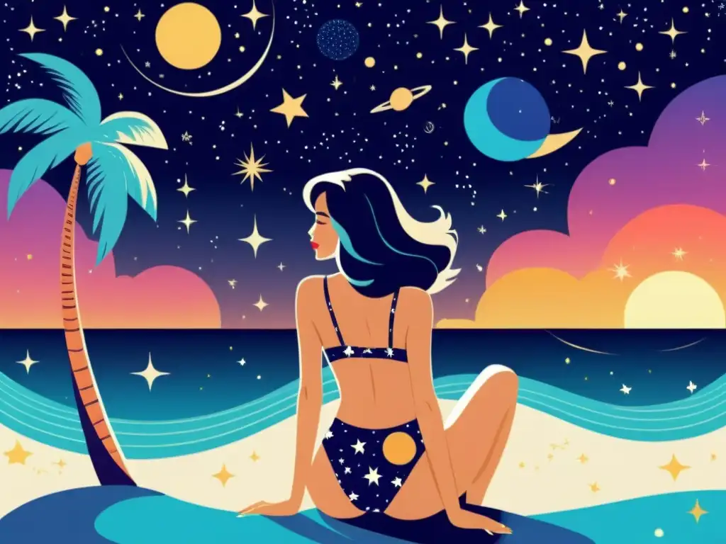 Una ilustración vintage de una colección de bañadores cósmicos verano estrellas en una playa bañada por el sol y el cielo estrellado