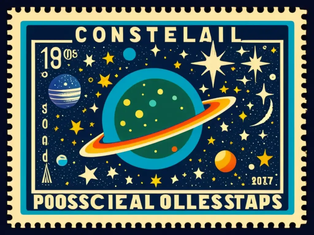 Una colección vintage de sellos postales temática estelar, con detalladas ilustraciones de constelaciones, planetas y fenómenos cósmicos