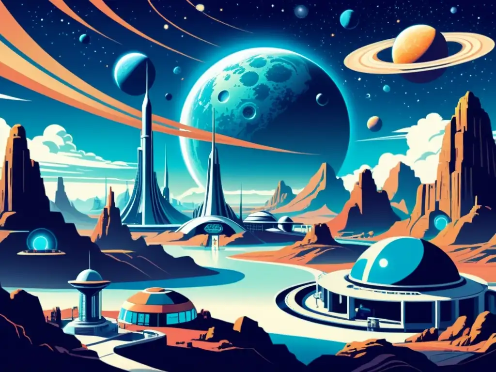 Una ilustración vintage de una colonia espacial retrofuturista, con domos, naves y paisaje alienígena